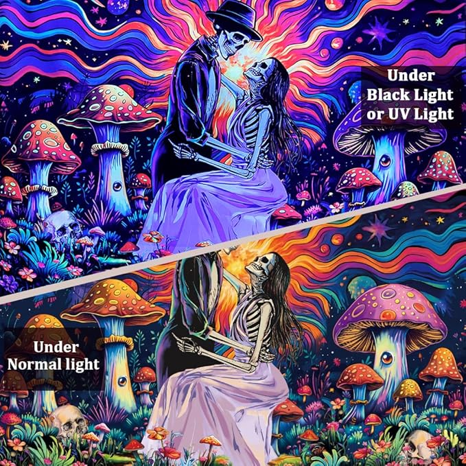 Heopapin Blacklight Skeleton Couple Tapestry UV Reactive The Lovers Skull Wall Hanging Tapestry Romantic Cosmos Galaxy Aesthetic Tapesties for Living Room Bedroom 59.1L x 51.2W
