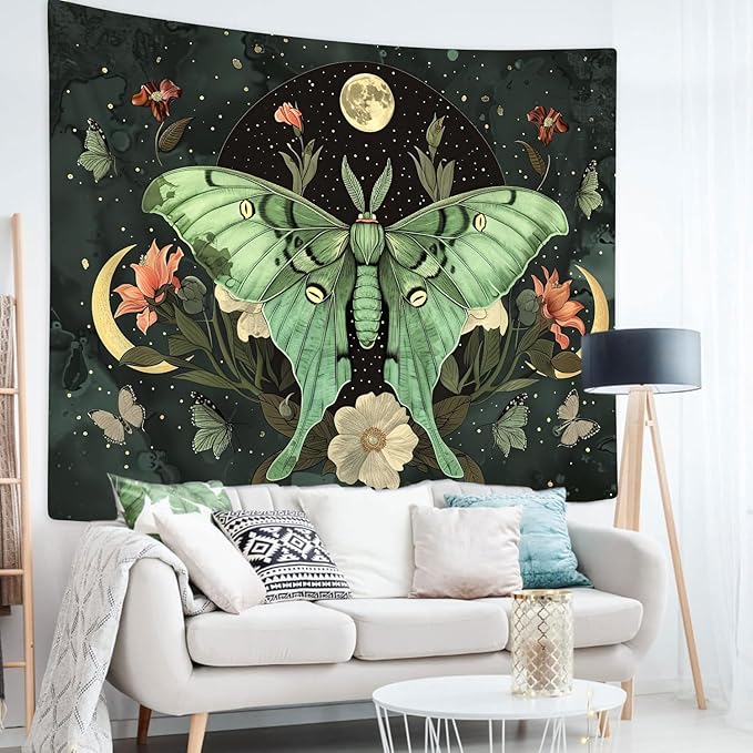 JAWO Green Butterfly Moon luna moth Flower Tapestry Boho Floral Plant moth Tapestries for Bedroom Aesthetic Tapastry's Wall Hanging Mandala Botanical Wall Tapestry for Living Room Dorm 80X60