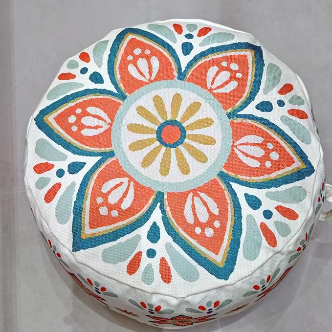 MOCOFO Round Bohemian Ottoman Pouf Cover, 18 Inch, Cotton Blend, Church Window Print, Living Room Storage Footrest, Cover Only (Blue Night)