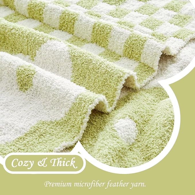 Checkered Throw Blanket, Sage Green Super Soft Knit Breathable Throw Blanket, Cozy Fluffy Reversible Checkerboard Flower Fuzzy Blanket for Couch Sofa Bed Living Room Decor 60 x 80 Inch