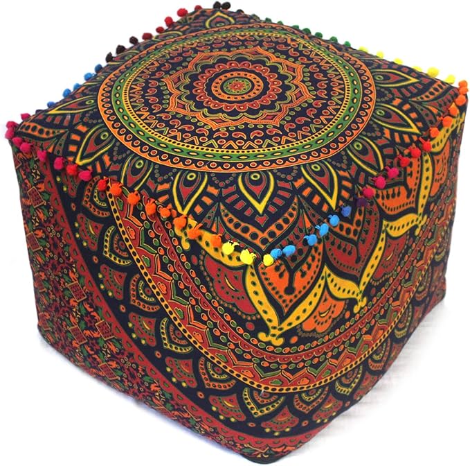 CRAFT KALA Square Mandala Floor Pillow Cushion Cover Seating Throw Cover Hippie Decorative Bohemian Ottoman Poufs Cover Pom Pillow Cases Cotton Living Room Home Décor 16X16X14 inches, New Blue Ombre