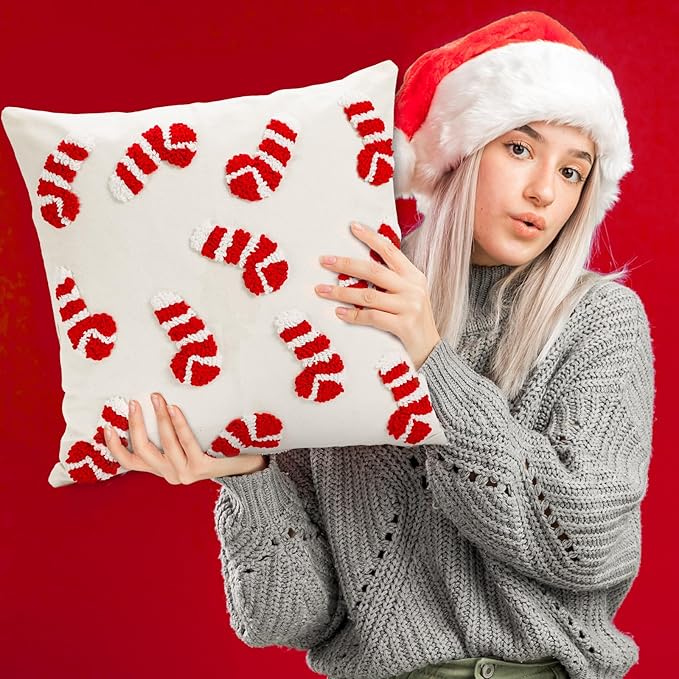 Whaline 2 Pcs Christmas Tufted Throw Pillow Covers Xmas Red White Candy Santa Hat Pillowcase Winter Pillowslip Cushion Cover for Sofa Couch Bed Home Party Decor, 18 x 18 Inch