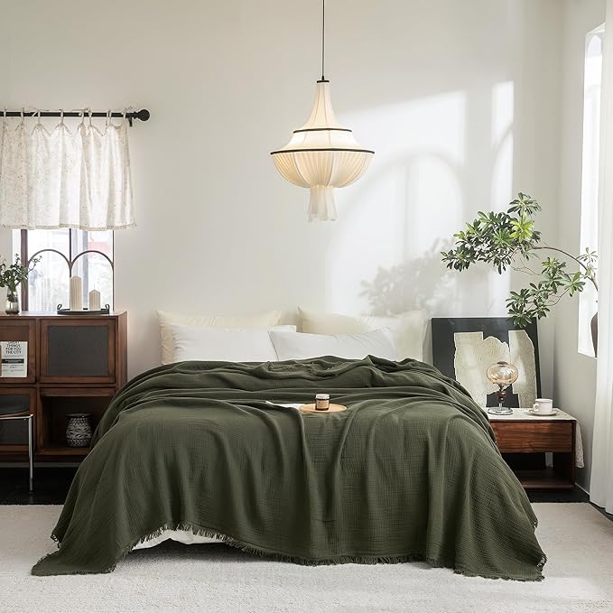 FOSSA Muslin Blanket with Fringe - 4-Layer 100% Cotton Gauze Super Soft & Breathable Throw -Lightweight Decorative Cooling Blanket for Bed, Sofa, Office (Olive Green, King (104" × 90"))