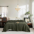 FOSSA Muslin Blanket with Fringe - 4-Layer 100% Cotton Gauze Super Soft & Breathable Throw -Lightweight Decorative Cooling Blanket for Bed, Sofa, Office -Super King Size 108" × 98" (Olive Green)