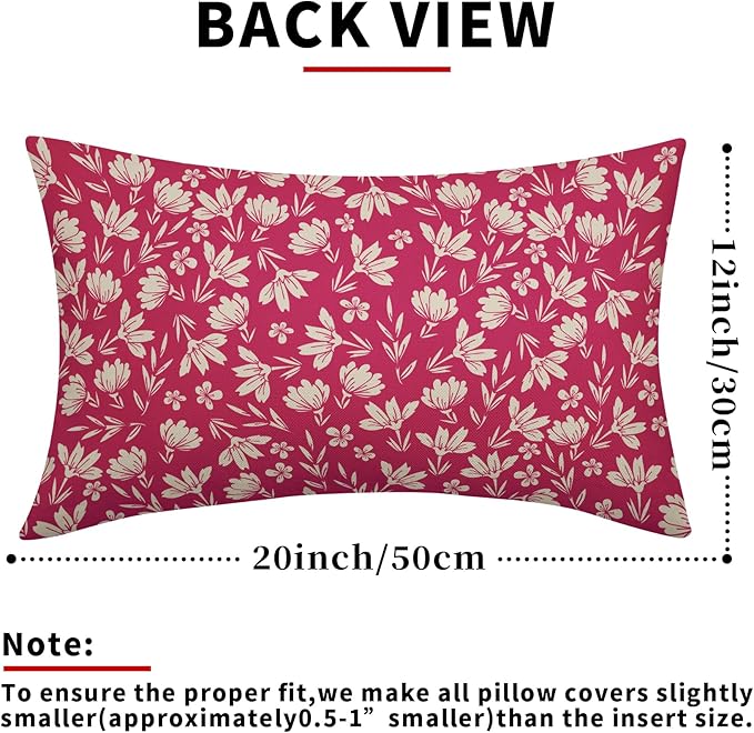 Hot Pink Pillow Covers 12x20 Set of 2 Vintage Floral Rustic Old Style Cute Flower Print Rectangle Decorative Outdoor Pillowcases Seasonal Farmhouse Throw Cushion Case Couch Sofa Bed Decor
