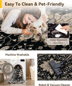 Area Rugs 3'x4' Washable Non-Slip, Floral Vintage Distress Print Pattern Medallion Carpet for Living Room Bedroom Dining Room, Black Brown Neutral Dark Tan