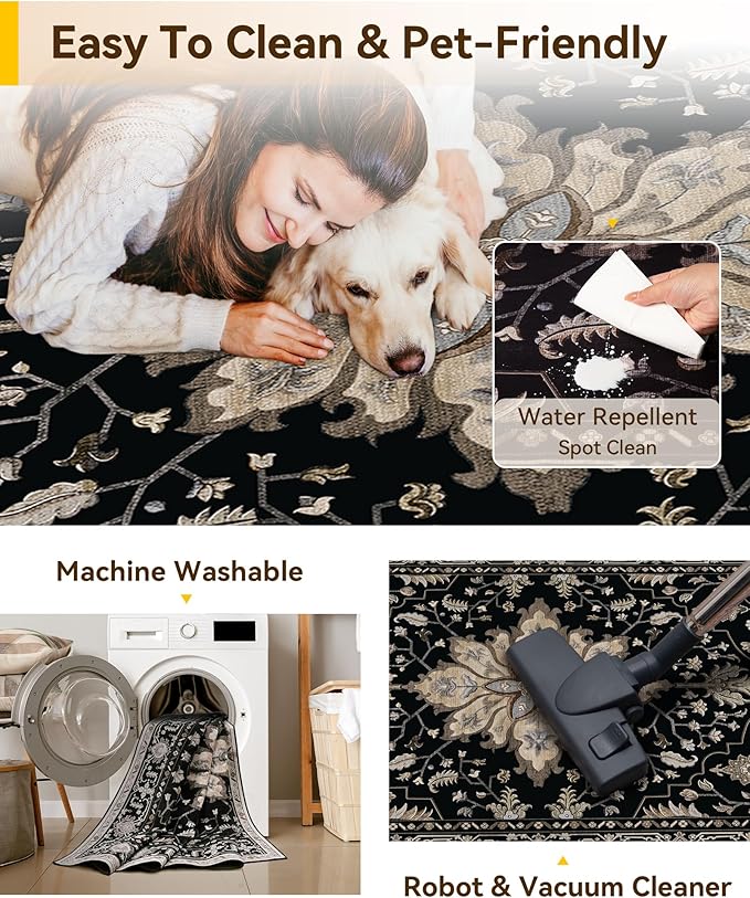Area Rugs 3'x12' Runner Rug Non Slip Washable for Kitchen Hallway Bedroom Beside Laundry Room Bathroom Rug, Floor Carpet, Black Brown Neutral Dark Tan