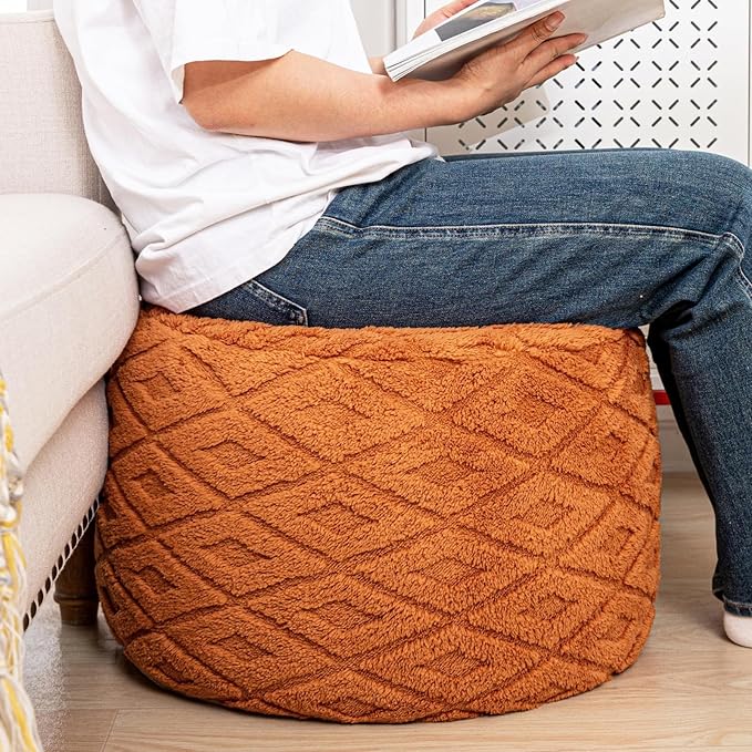 Fluffy Round Ottoman Pouf with All-in-One Foam Filling 20" x 14" Furry Ottoman Foot Rest Foot Stool for Living Room or Bedroom (Burnt Orange)