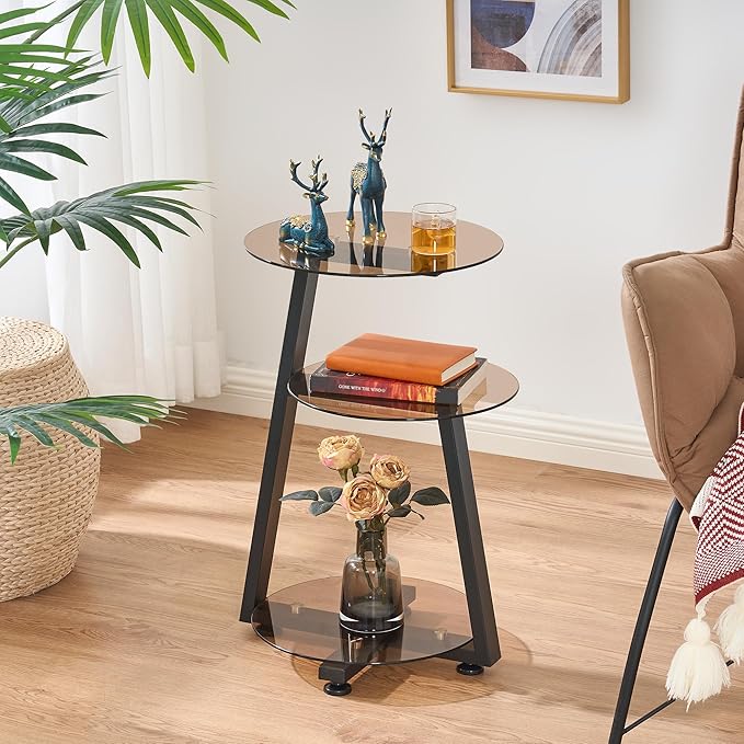 BEWISHOME Round End Table Tempered Glass Side Table with Metal Frame, Accent Table Nightstand Bedside Table with 3-Tier Shelves, Small Round Table for Living Room Bedroom Tawny KTZ41S