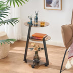 BEWISHOME Round End Table Tempered Glass Side Table with Metal Frame, Accent Table Nightstand Bedside Table with 3-Tier Shelves, Small Round Table for Living Room Bedroom Tawny KTZ41S