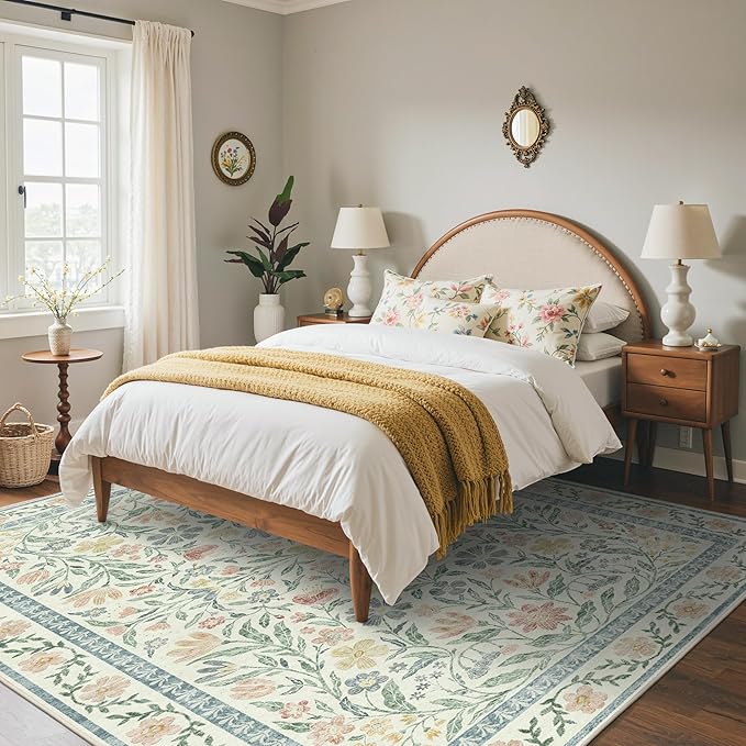 GENIMO 8x10 Washable Area Rug, Non-Slip Vintage Boho Floral Carpet, Soft Low-Pile Thin Living Room Rug for Bedroom, Dining Room, Nursery, Green