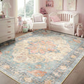 Area Rugs 5'x7' Washable Non-Slip, Floral Vintage Distress Print Pattern Medallion Carpet for Living Room Bedroom Dining Room, Blue Orange Red