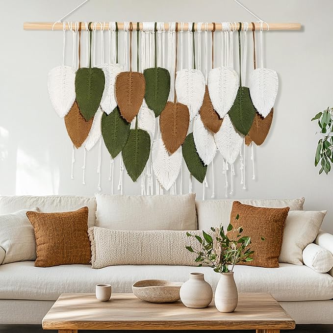 NYEONHRT Large Macrame Wall Hanging Handmade Boho Leaf and Feather Tapestry for Modern Home Decor Perfect Wall Art for Living Room Bedroom Nursery Apartment Backdrop 39x31 Inch (Brown green)