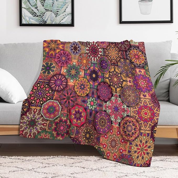 Mandala Indian Bohemian Throw Blanket Paisley Purple Floral Boho Abstract Tribal Blanket for Sofa Bed Couch Chair Or Dorm 50"x60"