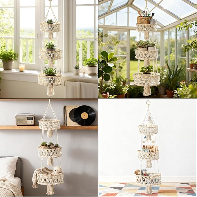 3 Tier Hanging Fruit Basket, Macrame Hanging Basket for Fruit and Vegetable Storage, Cotton Rope Woven Baskets, Boho Wall Baskets Organizing Hanging Plant Holder for Indoor Kitchen Decor