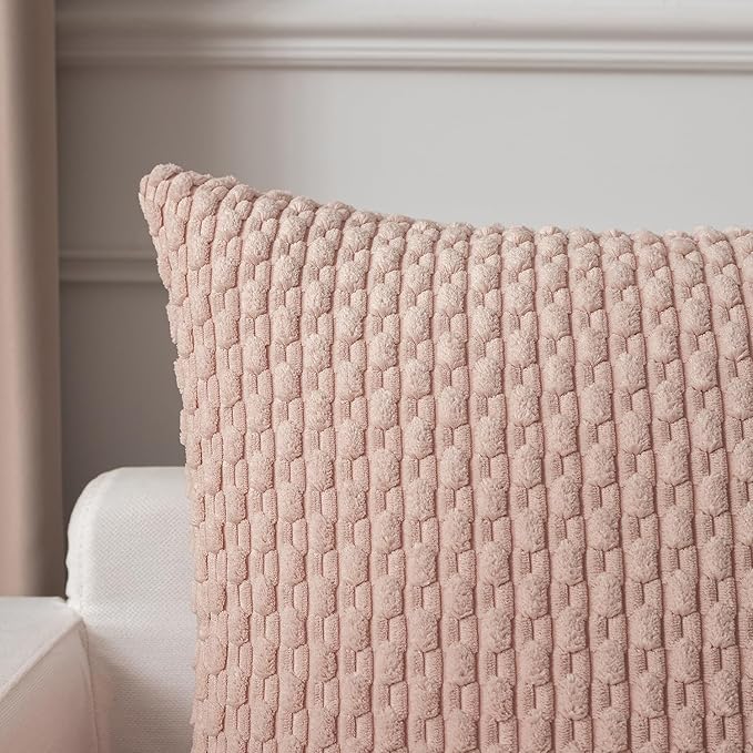 Kevin Textile Valentines Day 14x24 Inch Pillow Cover 1 Pack Boho Decorative Soft Striped Corduroy Lumbar Farmhouse Accent Rectangle Cushion Case for Living Room Couch Sofa Bed, Light Pink