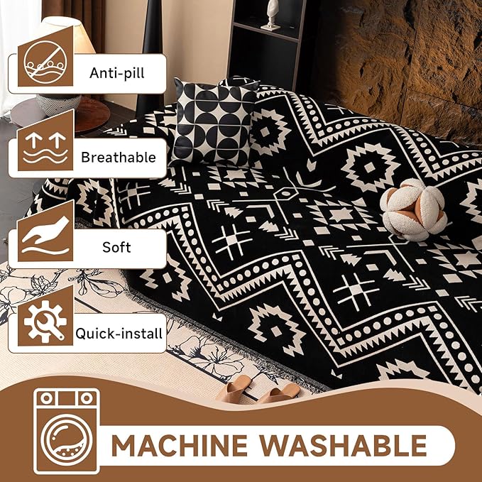 VClife Bohemian Southwestern Pattern Sofa Cover Non Slip Washable Couch Cover - White Black Aztec Geometric Chenille Couch Cover for 3 Cushion Couch Sofa Vintage Slip Cover 71" X 134"