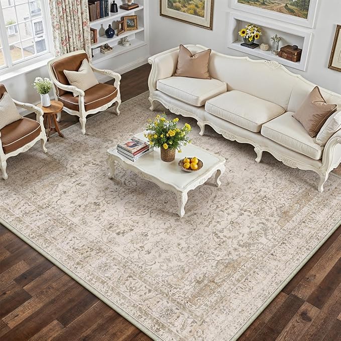 6x9 Washable Beige Area Rug Vintage Living Room Bedroom Carpet Non-Slip Soft Low Pile Distressed Indoor Throw Rug for Dining Room Entryway Office