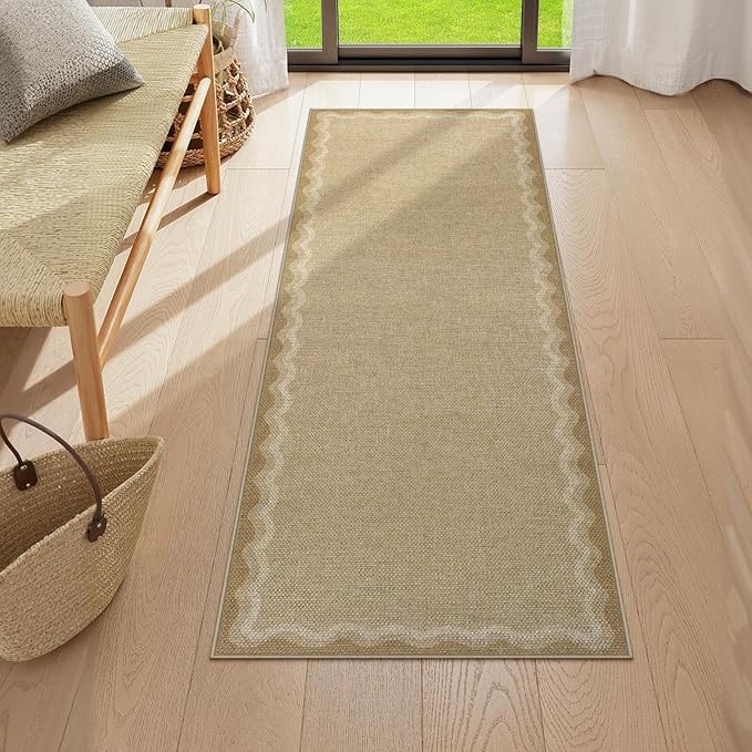 LIVEBOX Scalloped Washable 2x6 Kitchen Runner Rug, Easy Jute Geometric Tan Rug for Entryway, Indoor Outdoor Non Slip Rugs Farmhouse Modern Carpet Door Mat for Porch Bedroom Laundry Room Hallway
