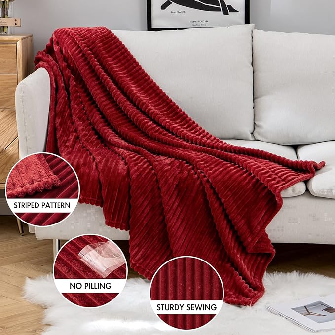 MIULEE Fleece Throw Blanket for Couch 300GSM Super Soft Lightweight Plush Striped, Burgundy Red Warm Cozy Breathable Ribbed Blanket for Bed/Sofa, Twin Size 60"x80"