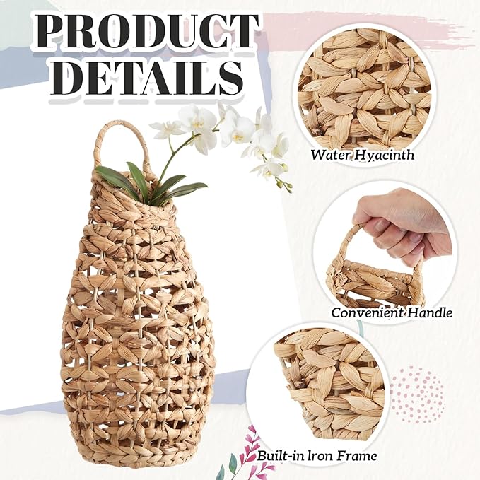 Chunful 2 Pcs Water Hyacinth Hanging Wicker Basket, Natural Wicker Decorative Baskets, Handmade Woven Storage Organizer for House Garden Wedding Wall Decorations, Large Size