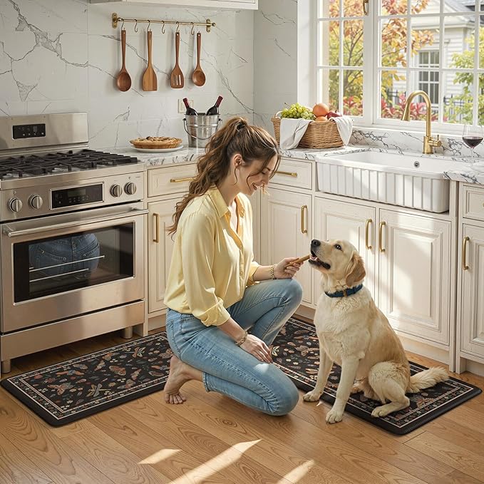LEEVAN Anti Fatigue Mats for Kitchen Floor Non-Slip, Cushioned Kitchen Mats for Floor 2 Piece, Black Memory Foam Kitchen Mat Set, Waterproof Ergonomic Standing Mat for Bar, Office,Desk, Laundry