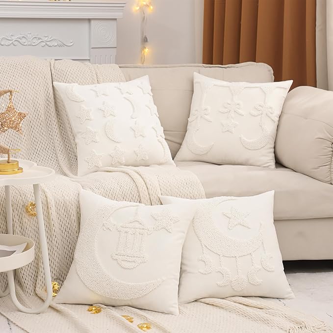 Tosleo Ramadan Pillow Covers 18x18 inch Set of 2 Beige Tufted Bow Embroidery Throw Pillow Covers Ramadan Eid Mubarak Cushion Covers Moon and Star Decorations for Home Couch Sofa Outdoor