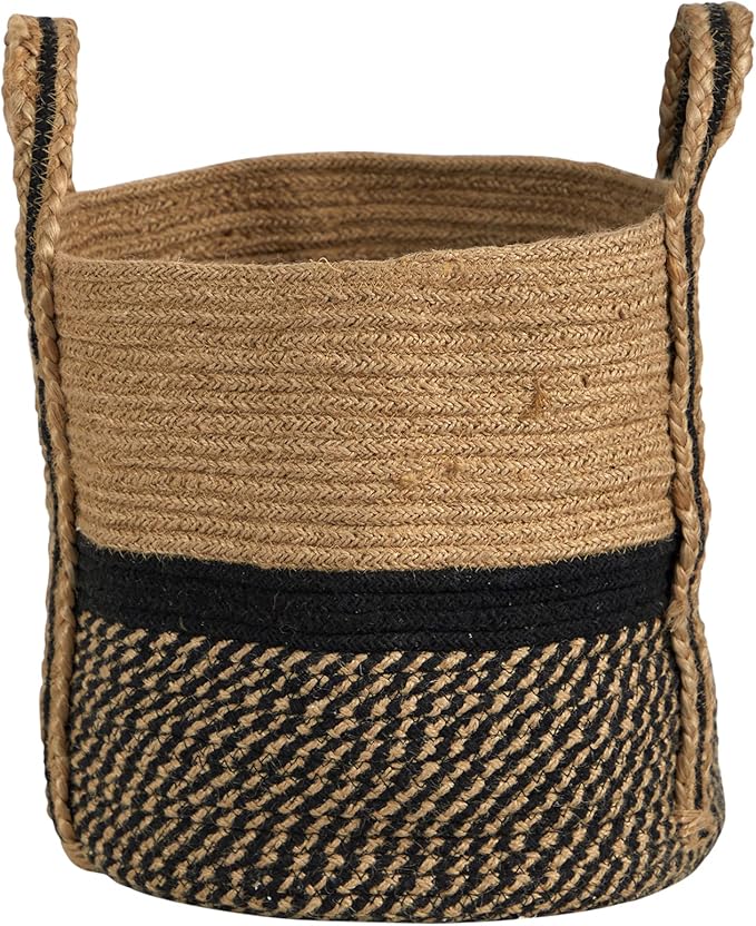 Nearly Natural 13in. Boho Chic Basket Natural Jute Basket Planter, Black Bottom Natural Top with Handles