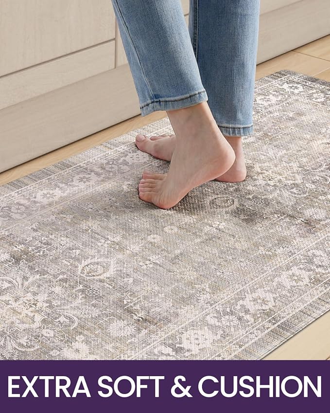 DEXI Kitchen Floor Mats Cushioned Anti Fatigue, 23x86 Long Wide Standing Comfort Runner Rug, Waterproof Retro Floral Memory Foam Padded for Front Sink Laundry, Beige Grey