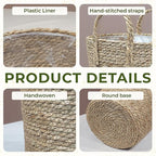 Set of 2 Woven Seagrass Planter Baskets with Handles – Handwoven Plant & Flower Pots for Indoor or Outdoor Use, Natural Straw Storage Baskets for Laundry Room, Living Room & Home Decor