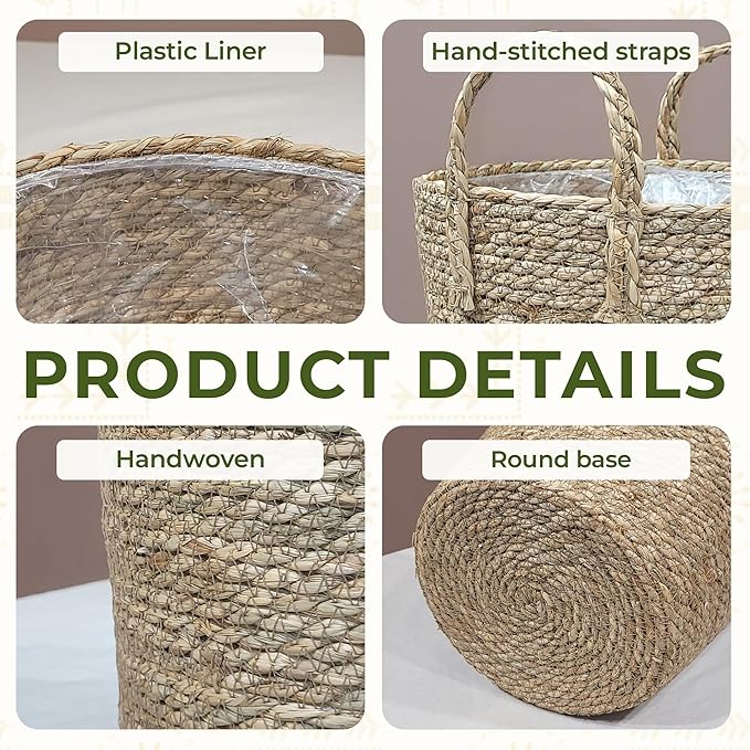 Set of 2 Woven Seagrass Planter Baskets with Handles – Handwoven Plant & Flower Pots for Indoor or Outdoor Use, Natural Straw Storage Baskets for Laundry Room, Living Room & Home Decor