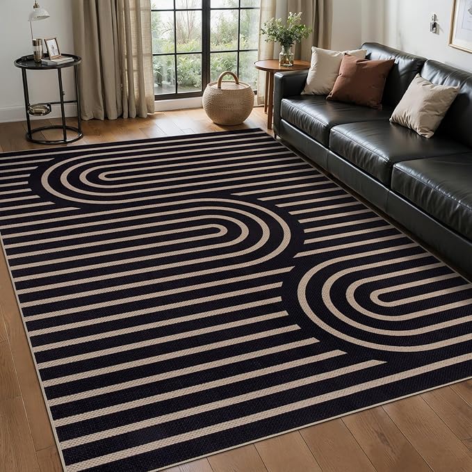 Tangsoo Easy Jute 5x7 Large Washable Area Rug for Dining Room Table,Non-Slip Black Outdoor RugThin Indoor Mat,Modern Farmhouse Rainbow Carpet for Living Room Bedroom Patio Home Decor
