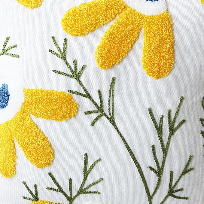 Embroidered Throw Pillow Cover Boho Beige Yellow 2PCS Pillow Covers for Couch Sofa Cotton Linen Daisy Floral Bohemian Pillow Covers 3D Big Flowers Botanical Pillowcase Covers 18x18 Inch