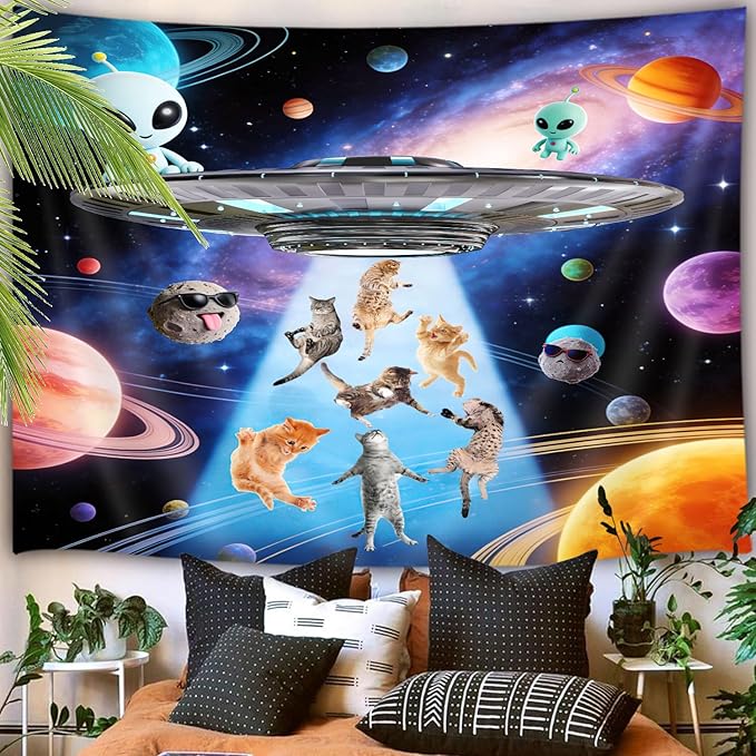 Funny Cat Tapestries, Cool Funny Kittens Starry Sky Nebula Galaxy Tapestry Milky Way Space Psychedelic Hippie Tapestry Wall Hanging Home Decor Dorm Livingroom Bedroom Wall Blanket, 40X30 Inches