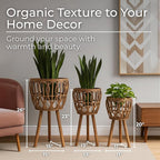 Set of 3 Woven Decorative Planter Pot with Stand – Wooden Bamboo & Plywood Outdoor & Indoor Plant Pot – Boho Garden & Home Decor Planters – 20", 23", & 26", Brown