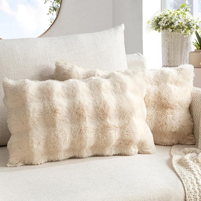 MIULEE Faux Fur Pillow Covers Thick Soft Plush Lumbar Throw Pillows Luxury Spring Home Decor for Couch Bed Chair Bedroom Living Room Sofa,12x20 Inch Pack of 2 Beige