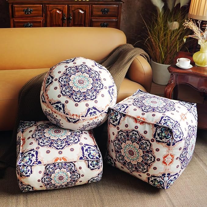 Unstuffed Pouf Cover Ottoman Footrest Bohemian Chenille Foot Stool Floor Bean Bag 18x18x18 Inches for Living Room Bedroom Home Decor (Blue, Cube)