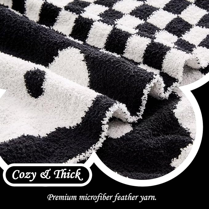 Checkered Throw Blanket, Black Super Soft Knit Breathable Throw Blanket, Cozy Fluffy Reversible Checkerboard Flower Fuzzy Blanket for Couch Sofa Bed Living Room Decor 60 x 80 Inch