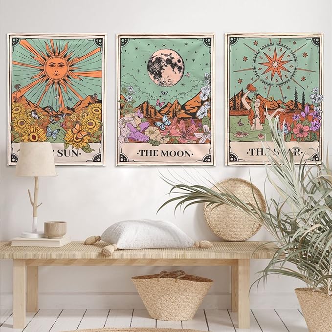 Aipon Tarot Tapestry Cute Tarot Card Tapestries 3 Pack Sun Moon Star Green Floral Flower Small Aesthetic Tapestry Wall Hanging for Bedroom Living Room Dorm (15'' × 20'')