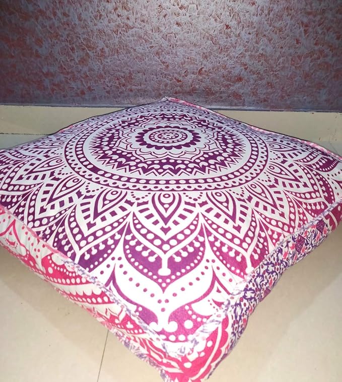INDIAN CRAFT CASTLE 24" Pink Ombre Mandala Barmeri Large Floor Pillow Cover Cushion Meditation Seating Ottoman Throw Cover Hippie Decorative Zipped Bohemian Pouf Ottoman Pom Pom Cases 24" Square