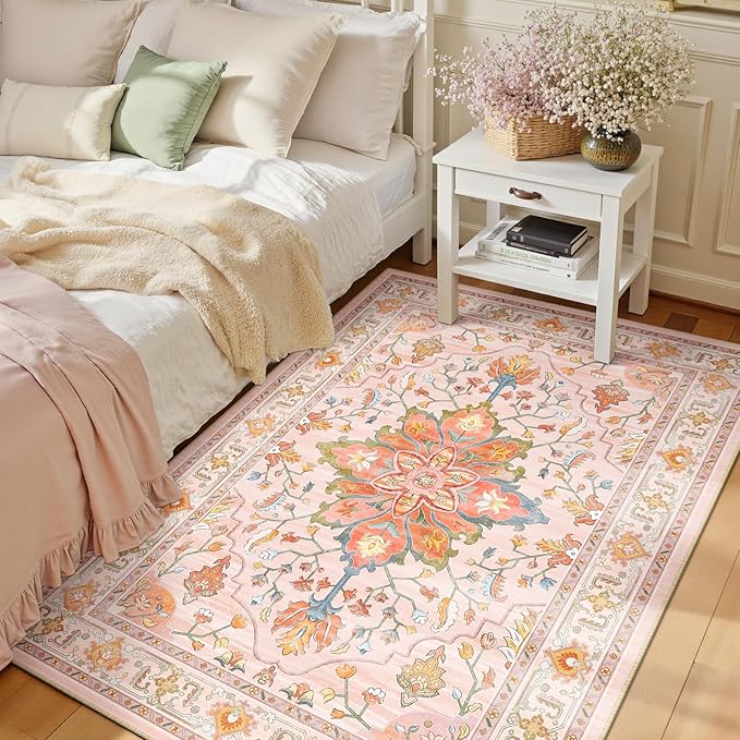 Area Rugs 3'x4' Washable Non-Slip, Floral Vintage Distress Print Pattern Medallion Carpet for Living Room Bedroom Dining Room, Light Pink Colorful