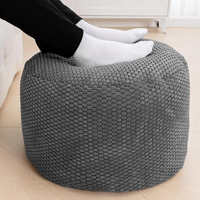 Pouf Ottoman Stuffed High Density Filler Velvet Floor Pouf Round Foot Stool 20 * 12 Inches Ottoman Foot Rest for Living Room, Home Decor (Dark Gray)