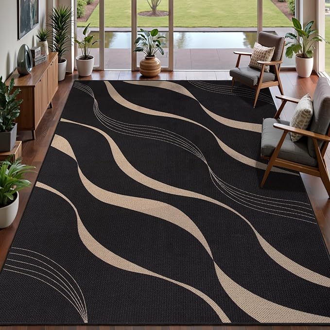 Tangsoo Easy Jute 6x9 Washable Area Rugs for Living Room,Black Non Slip Indoor Outdoor Carpet,Farmhouse Modern Large Throw Mat for Office Balcony Backyard Dining Room Sunroom