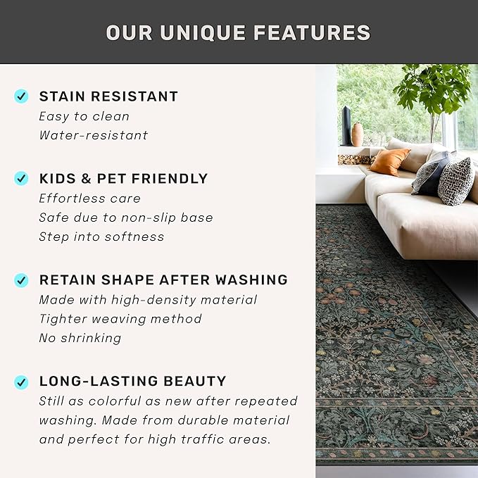 Dark Green 3x10 ft Extra Long Wide Runner Rug for Hallway Non Slip Washable, Large Kitchen Indoor Floor Rugs for Entryway Bathroom Bedroom, Stain Resistant Vintage Floral Carpet