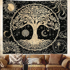 Avinyl Tree of Life Wall Tapestry for Bedroom, Sun and Moon Hippie Tapestries Aesthetic, Black and Gold Wall Hanging Home Decor for Dorm Living Room Office 71in x 91in
