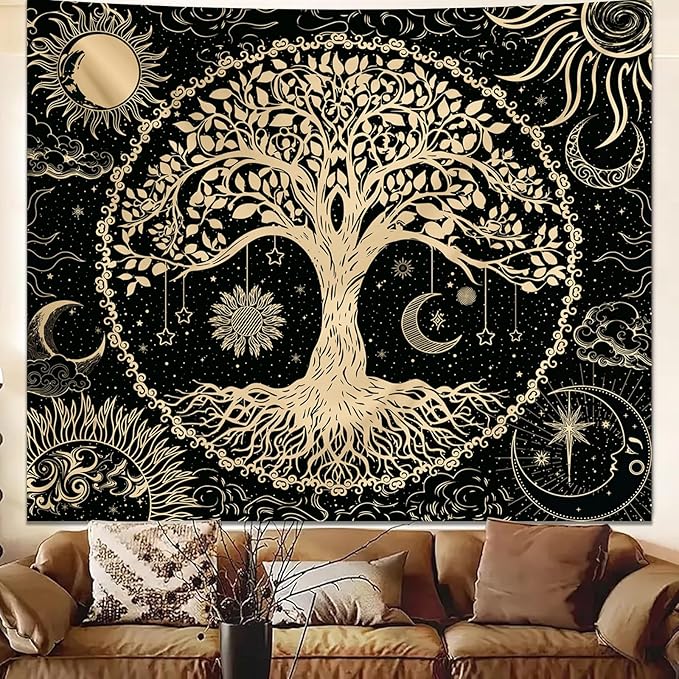 Avinyl Tree of Life Wall Tapestry for Bedroom, Sun and Moon Hippie Tapestries Aesthetic, Black and Gold Wall Hanging Home Decor for Dorm Living Room Office 51in x 60in