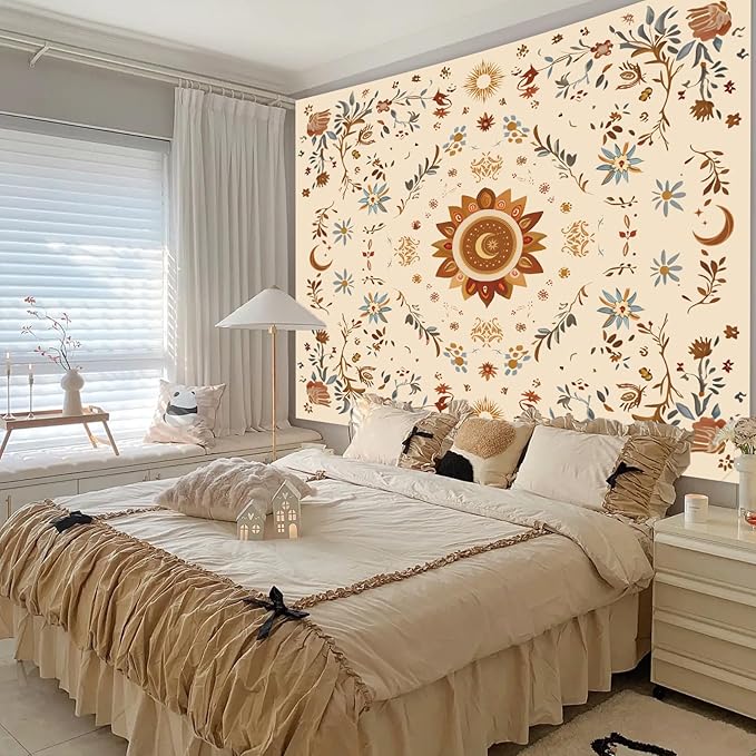 Apdidl Boho Sun Floral Tapestry Wall Hanging Bedroom Aesthetic, Bohemian Vintage Moon Girl Room Decor Tapestries, Cute India Hippie Outdoor Wall Covering for Living Room Dorm (51"X60")
