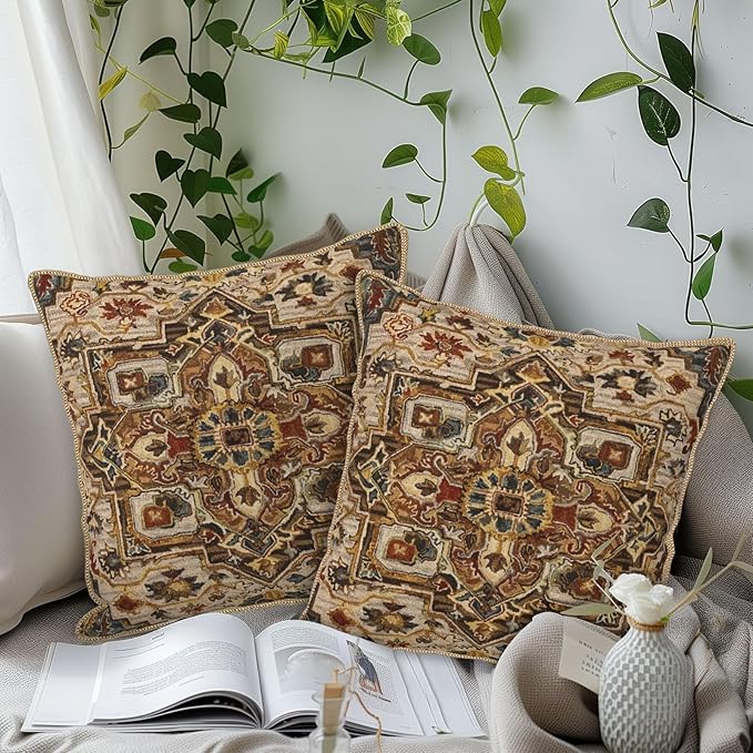 KSLIDS Boho Brown Soft Velvet Throw Pillow Covers Set of 2 Vintage Bohemian Rug Carpet Decorative Pillow Covers 18x18 Inch Antique Ethnic Pillow Case for Sofa Couch Living Room Home Decor