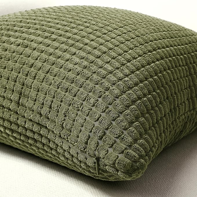 Softalker Throw Pillow Covers 12x20 Inch, Set of 2, Soft Corduroy Boho Stripe Decorative Pillow Cover, Couch Fluffy Pillow Cover for Farmhouse Home Decor Bed Living Room, Olive Green