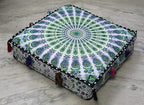 ICC Large Square Cotton Mandala Cushion Cover Hippie Ottoman Pouf Cover Daybed Floor Pillow Cover with Heavy Duty Zipper Seating Ottoman Poufs Dog-Pets Bed (Green Peacock, 18" Square)